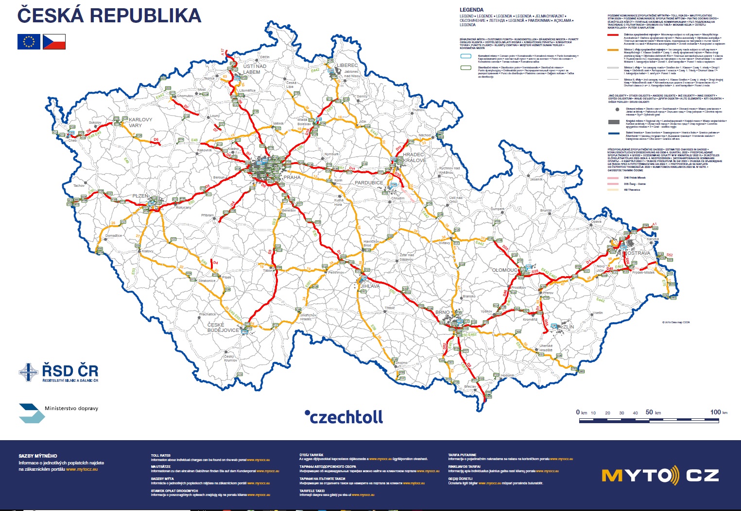 Mapa platnych drog w Czechach 