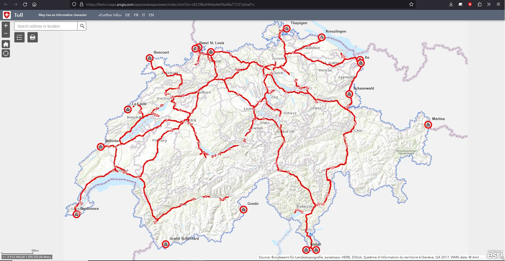 Mapa płatnych dróg - Szwajcaria