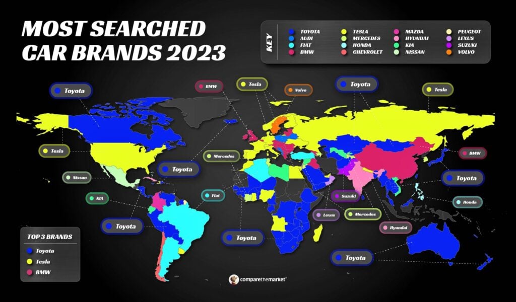 Najpopularniejsze marki samochodów w 2023 roku - mapa